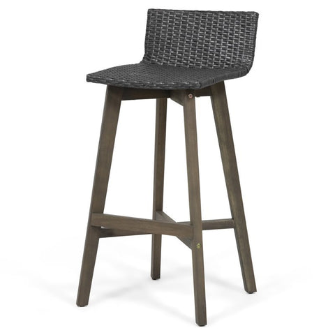 Outdoor Acacia Wood and Wicker Barstool in Gray