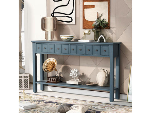 Rustic Entryway Console Table, 60" Long Sofa Table with two Different Size Drawers and Bottom Shelf for Storage (Navy)