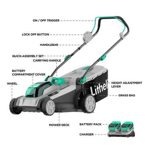 Litheli 2*20V 17" Cordless Lawn Mower with Brushless Motor + 2*4.0Ah Battery & Charger