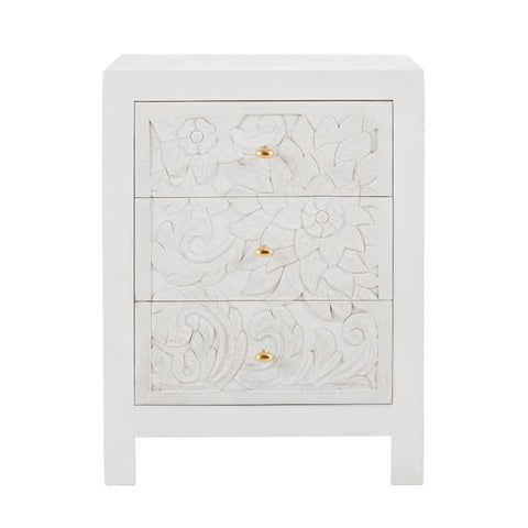 Nadia Carved 3-Drawer Whitewash Nightstand (30 in. H x 23 in. W x 17 in. D)