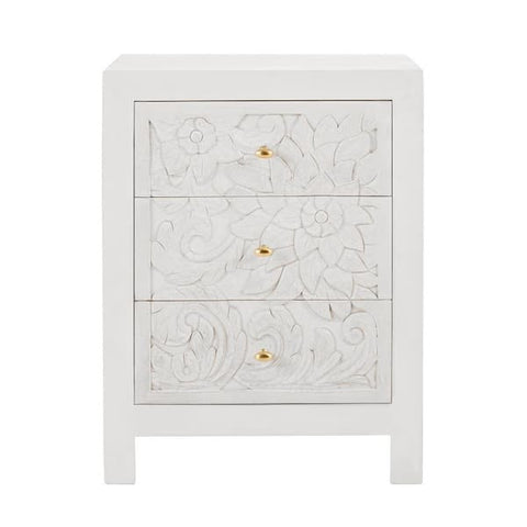 Nadia Carved 3-Drawer Whitewash Nightstand (30 in. H x 23 in. W x 17 in. D)