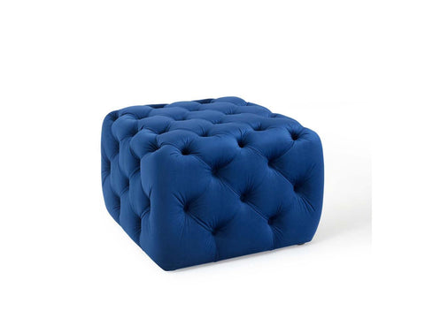Amour Tufted Button Square Performance Velvet Ottoman Navy
