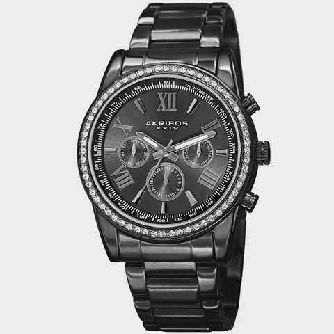 Akribos XXIV Men's Swiss Quartz Swarovski Crystals Dual-Time Stainless Steel Bracelet Watch - black