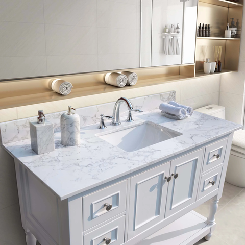bathroom stone vanity top engineered stone carrara white marble color with  ceramic sink and faucet hole with back splash