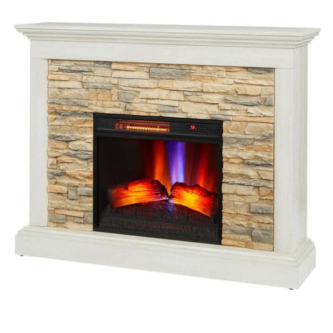 Freestanding Electric Fireplace in Tan with Tan Faux Stone