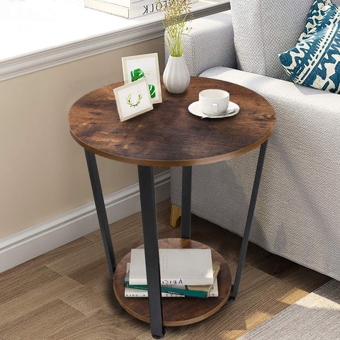 Small Round 2 Tier Wooden Side End Table for Small Spaces Bedroom Living Room, Accent Tables Nightstand 22 Inch Height, Brown and Black Frame