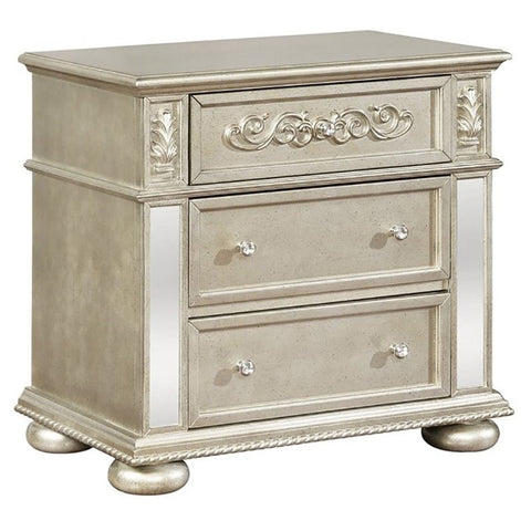 Benjara 30" Transitional 3-drawer Wood Nightstand with Ornate Carving in Silver