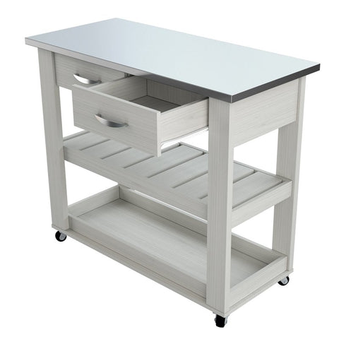 Engineered Wood Kitchen Island Cart with Stainless Steel Top in Washed Oak