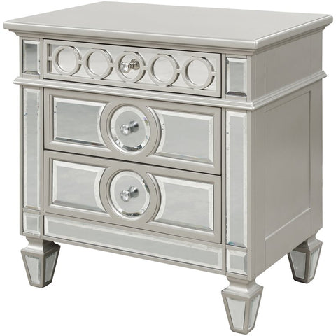 3-Drawer Wood Nightstand with Mirror Trim in Silver