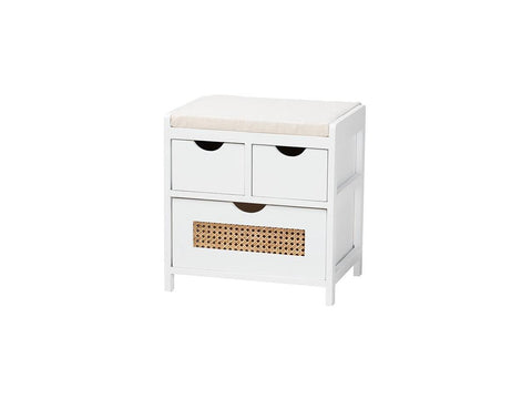 Bastian Modern and Contemporary Light Beige Fabric and White Finished Wood 3-Drawer Storage Bench with Natural Rattan