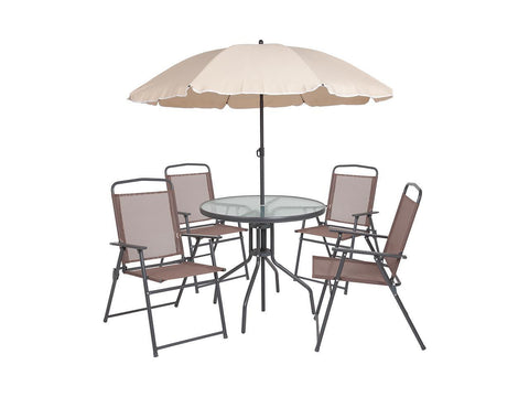 Nantucket 6 Piece Brown Patio Garden Set with Table, Tan Umbrella and 4 Folding Chairs