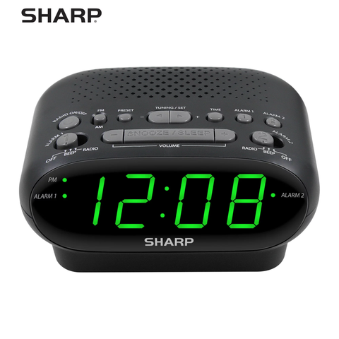 SHARP AM/FM Clock Radio, Wake to Alarm or Radio, Dual Alarms, LED Green Display