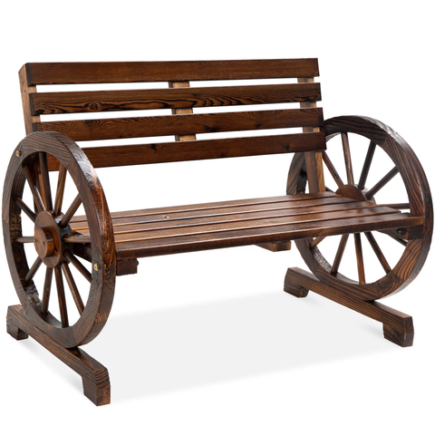2-Person Wooden Wagon Wheel Bench for Patio, Garden, Outdoor Lounging w/ Rustic Design-Brown