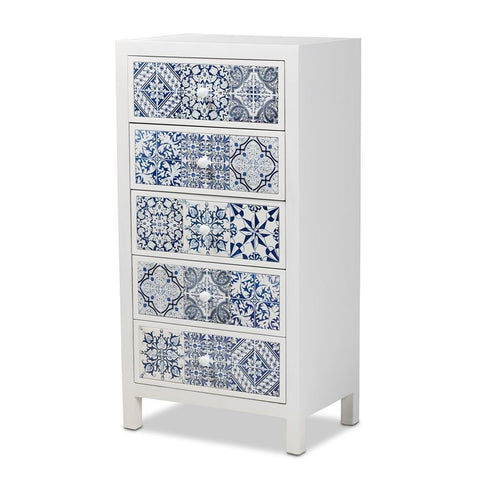 Baxton Studio Alma Wood Floral Tile 5-Drawer Accent Chest in White and Blue