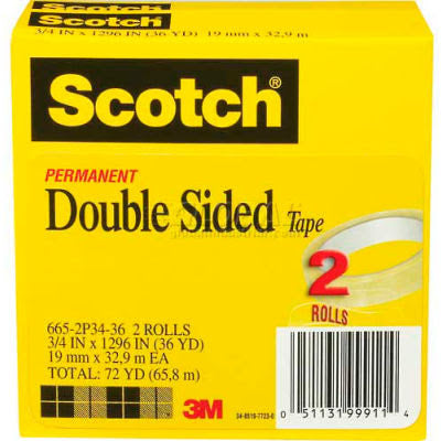 Scotch® Double Sided Tape 665-2P34-36, 3/4" x 1296", 3" Core, 2 Rolls/PK