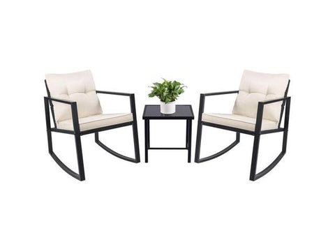 Devoko 3 Piece Rocking Bistro Set Wicker Patio Outdoor Furniture Porch Chairs Conversation Sets with Glass Coffee Table (Beige)