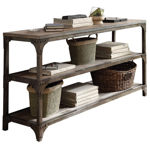 ACME Gorden Console Table in Weathered Oak and Antique Silver