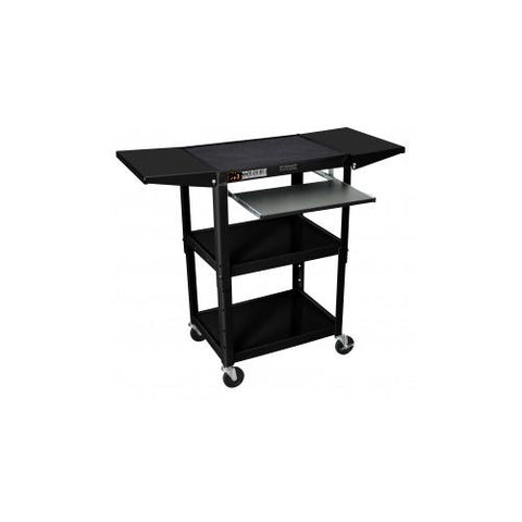 Luxor Adjustable Steel Cart - AVJ42KBCDL, Steel AV Cart with Cabinet, Pullout Shelf and Drop Shelves. Adjustable from 24-42 inches in height