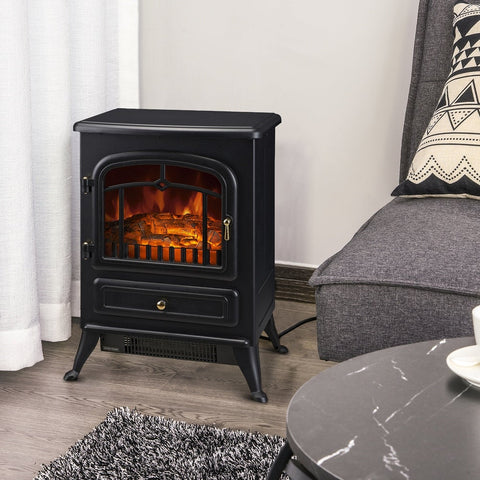 HOMCOM Freestanding Electric Fireplace Heater with Realistic LED Log Flames and Automatic Timer, 750/1500W - Black
