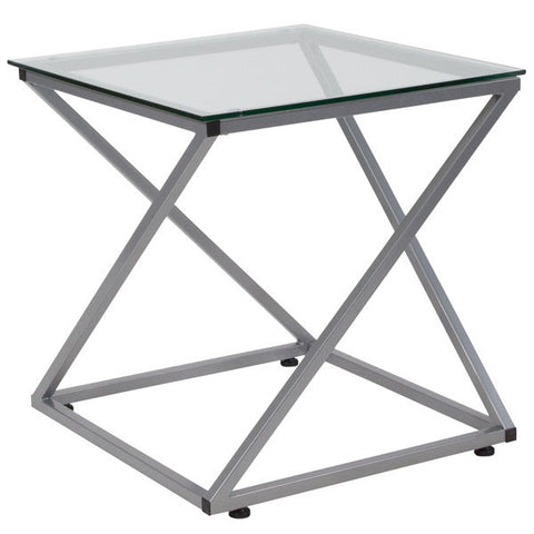 NAN-JH-1737-GG Park Avenue 21" x 21" x 21 3/4" Square Clear Glass End Table with Z-Shaped Silver Metal Frame