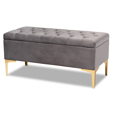 Valere Glam And Luxe Velvet Fabric Upholstered Gold Finished Button Tufted Storage Ottoman - Grey/Gold