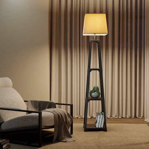 WAMPAT Exclusive Design Floor Lamp with 3-Level Shelves and Lampshade