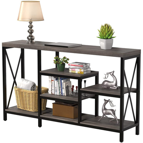 Duerer 55 inch Entryway Console Table Gray Industrial Wood Sofa Table with Different Level Shelves, Grey Wash