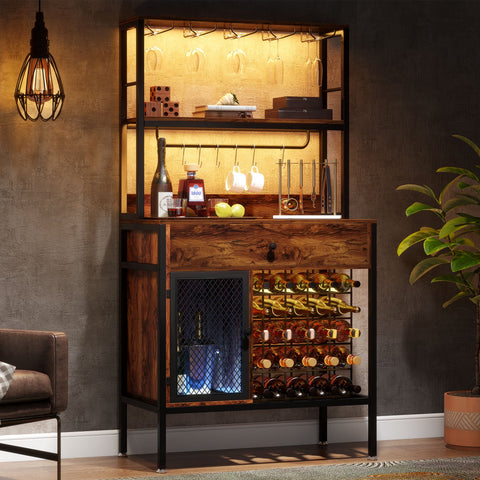 64" Wine Rack, 5-Tier Wine Bar Cabinet with 6 Hooks, 32-bottles Large Capacity Liquor Cabinet with Wine Bottle Holders