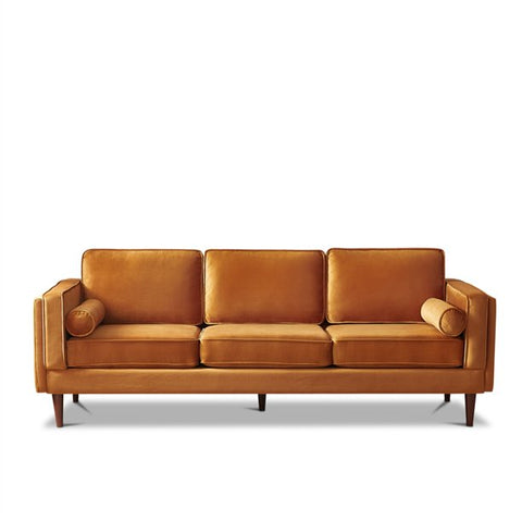 ASHCROFT Hudson 88" Mid Century Velvet Sofa Couch, Modern Pillow Back 3 Seater Sofa with 2 Bolster Pillows,  Orange
