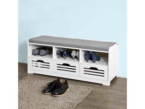 Haotian FSR36-W, White Storage Bench with 3 Drawers & Padded Seat Cushion, Hallway Bench Shoe Cabinet Shoe Bench