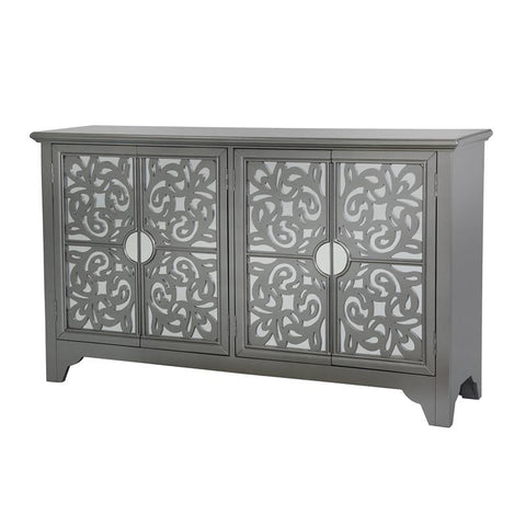 Mirrored Four Door Credenza in Hematite Grey / Fuchsia Pink