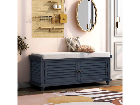 Storage Bench with Removable Cushion, Louver Design Wooden Shoe Bench for Entryway Living Room Bedroom (Navy Blue)