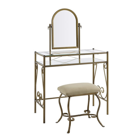 Metal Vanity and Stool Set in Antique Gold