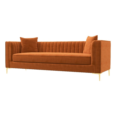 Kali Mid Century Modern Style Velvet Square Arm Living Room Couch in Orange