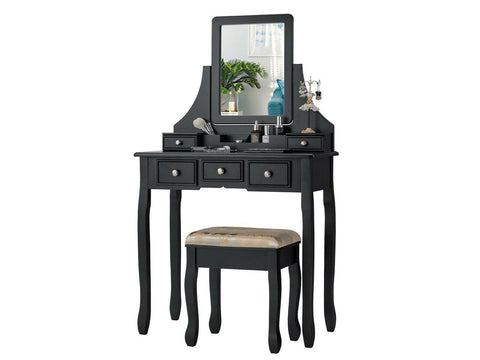 Vanity Set W/5 Drawers &Removable Box  Dressing Table and Stool Set Black