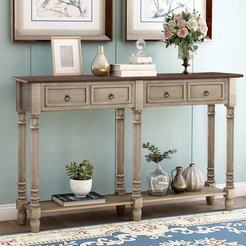 Antique Grey Rectangular Console Table with Drawers and Shelf
