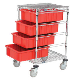 Chrome Wire Cart With 4 6"H Grid Red Containers, 21 X 24 X 45