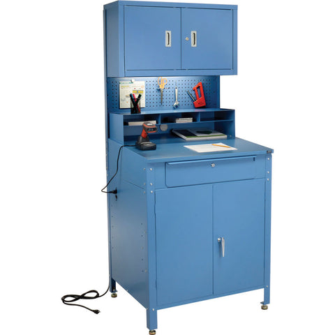 Cabinet Shop Desk with Pigeonhole Riser, Pegboard & Upper Cabinet 34-1/2"W x 30"D x 80"H - Blue