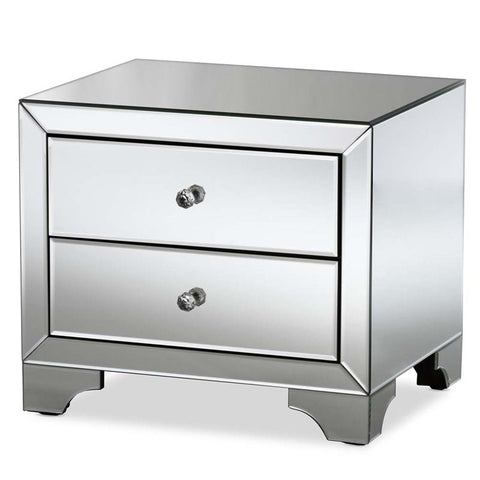 Baxton Studio Farrah Mirrored 2 Drawer Nightstand in Silver