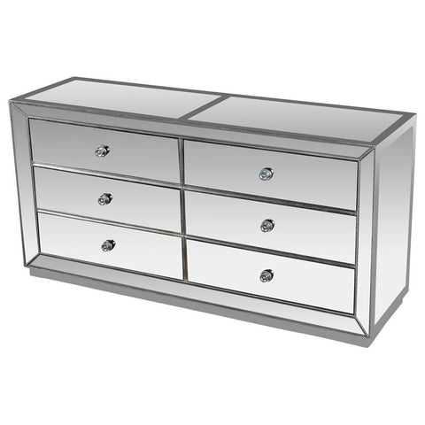 Solid Wood 6-Drawer Bedroom Dresser in Silver Mirrored