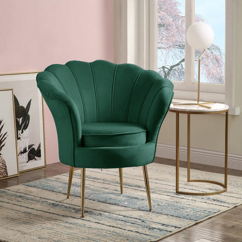 Angelina Velvet Scalloped Back Barrel Accent Chair with Metal Legs - Green
