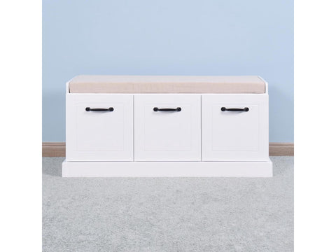 Wooden Entryway Shoe Cabinet Living Room Storage Bench with White Cushion
