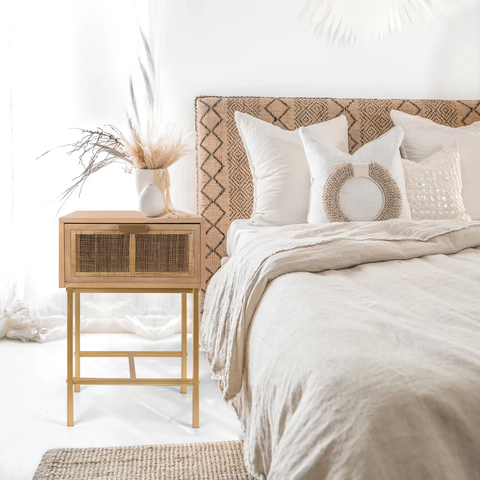 Boho Nightstand With Drawer, Wood Nightstand For Bedroom With Rustic/Farmhouse Style, Gold