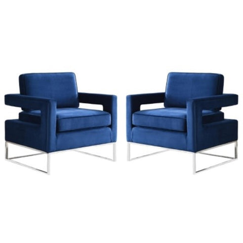 2 Piece Upholstered Velvet Accent Chair Set in Navy and Chrome