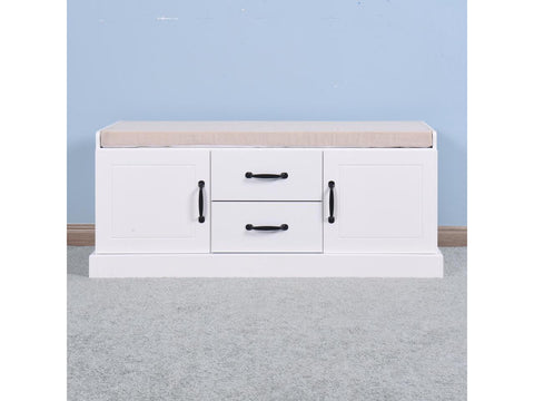 Wooden Entryway Shoe Cabinet with 2 Drawers and 2 Doors Living Room Storage Bench with White Cushion