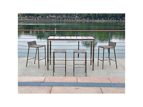 Stone Indoor/Outdoor Bar Table, Recycling teak wood and brushed stainless steel Base