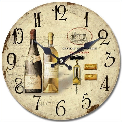 Circular Wooden Wall Clock with Two Bottles Of Wine Print