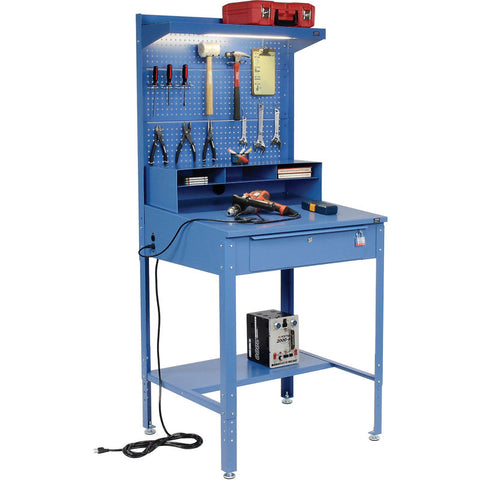 Shop Desk with Pigeonhole Riser & Pegboard Panel 34-1/2"W x 30"D x 38H" Sloped Surface - Blue