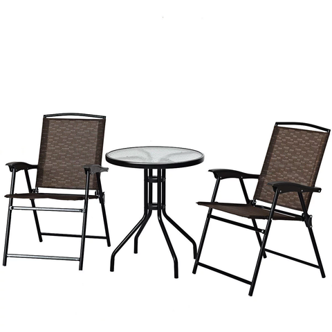 3 Pieces Furniture Set Patio Garden Courtyard Table Folding Chairs Glass Table Top