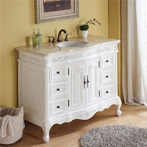 Silkroad Exclusive Traditional Cream Marfil Marble Bathroom Vanity- Single Sink - 48 in. Wide